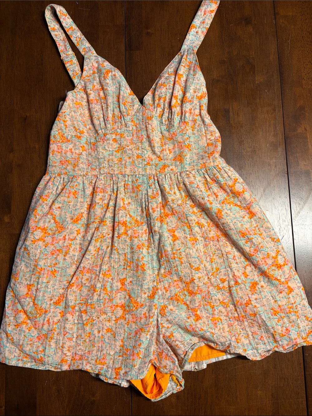 American Eagle Outfitters Floral Smocked Romper in Orange and Light Blue
